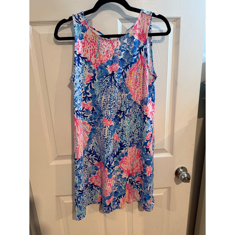 Lilly Pulitzer Sleeveless Shift Dress Pink Blue Shell Print Crisscross Back M